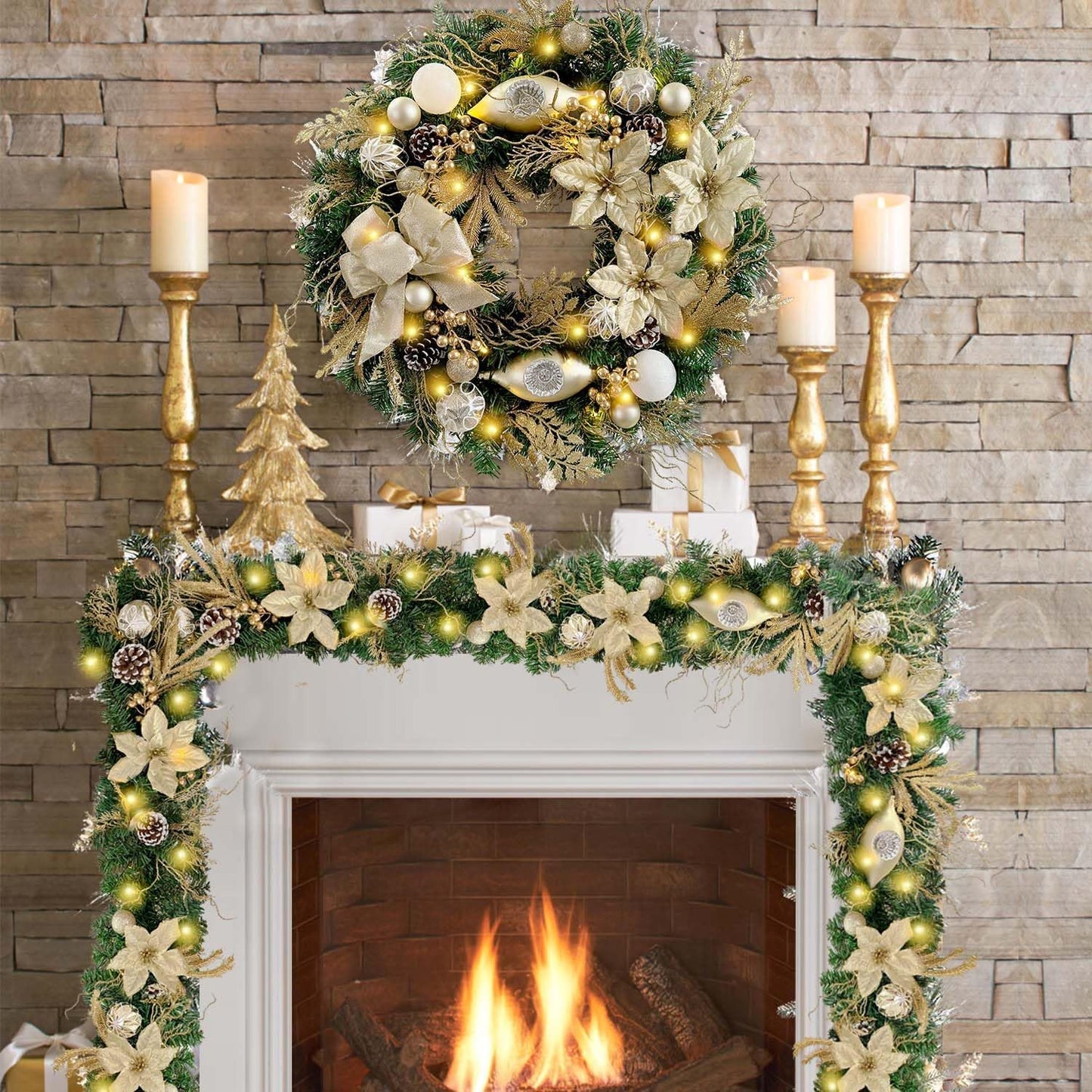 Pre-Lit 24 Inch Lighted Christmas Wreath for Front Door Champagne Gold Christmas Door Wreath Decor with Ball Ornaments, Poinsettia Flowers,Ribbon,Pine Cones,Battery Operated 30 LED Lights