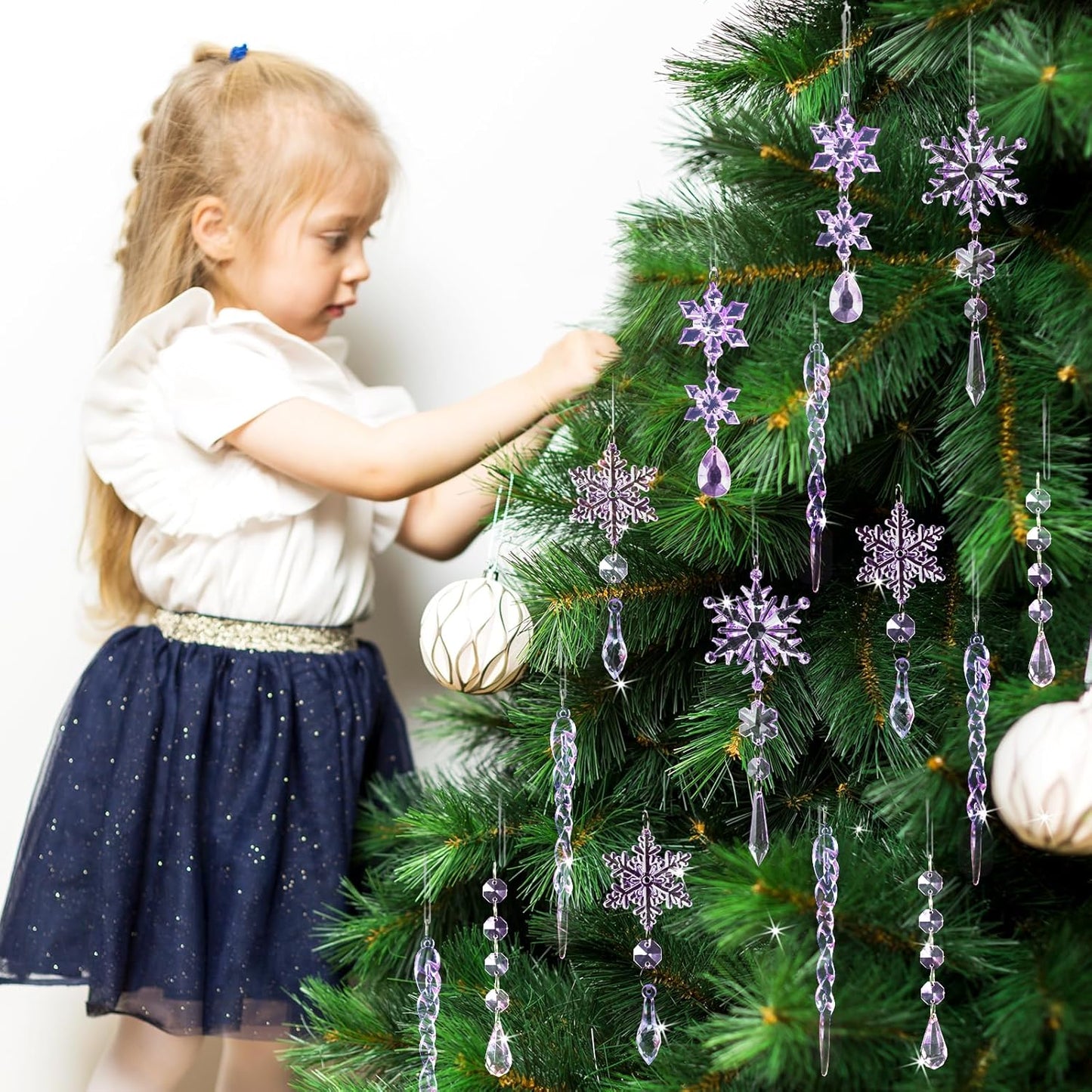 18pcs Christmas Tree Decoration Crystal Ornaments - Hanging Acrylic Christmas Snowflake Icicle Drop Crystal Ornaments for Xmas Tree Winter New Year Party Supplies