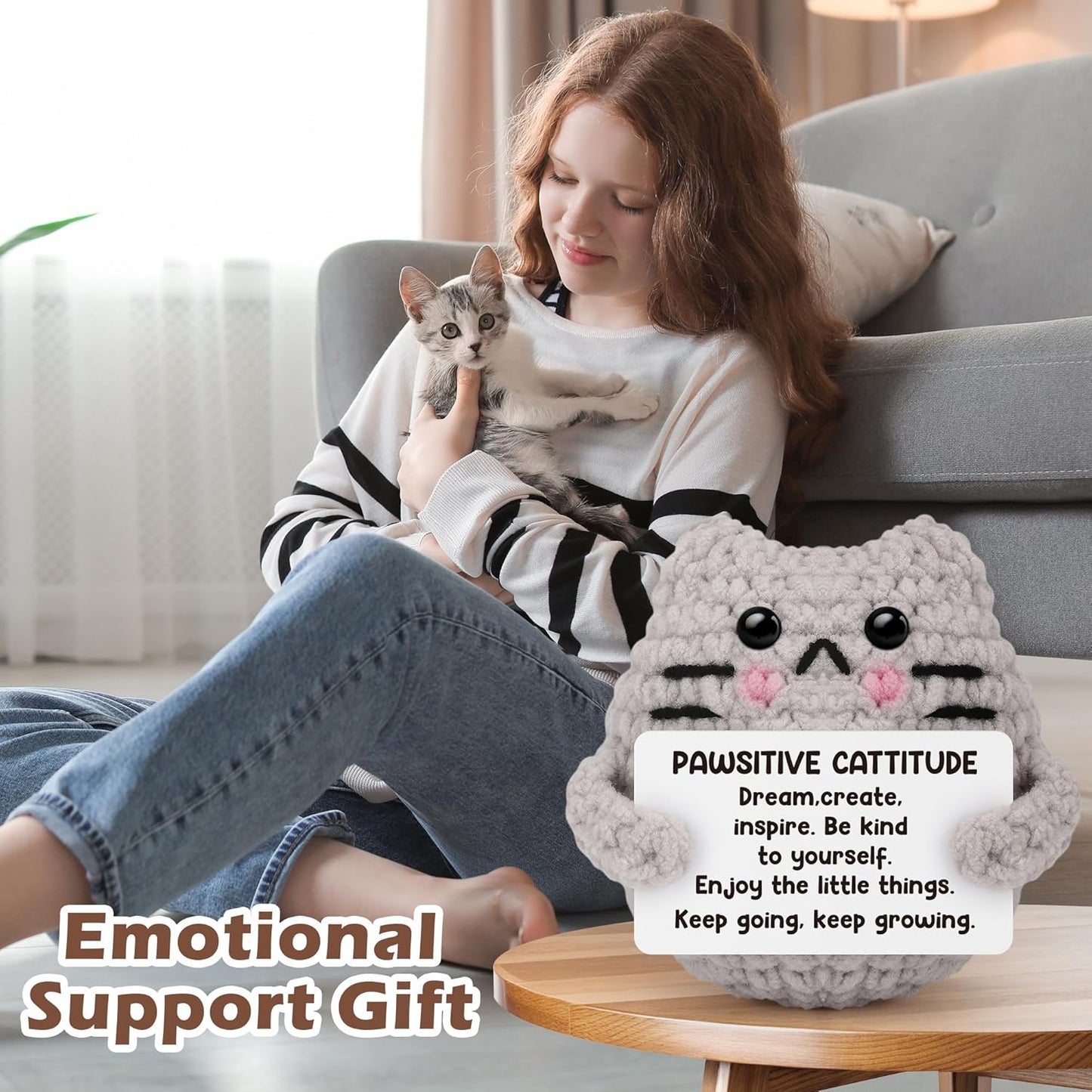 Crochet Cat Easter Basket Stuffers Positive Cat Crochet for Friend for Mom Grandma Dad Grandpa Daughter Son Gifts, Emotional Coworker Sister Brother Support Small Birthday Gifts