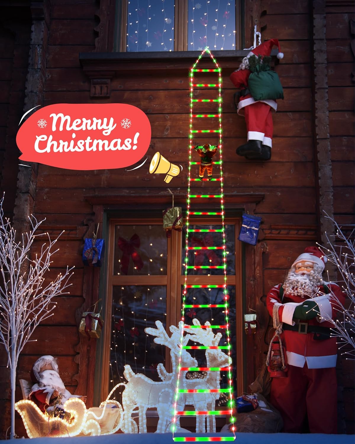 LED Christmas Lights - 10ft Christmas Decorative Ladder Lights with Santa Claus, Xmas Decorations Light for Indoor Outdoor, Window, Garden, Home, Wall, Xmas Tree Decor - Warm White