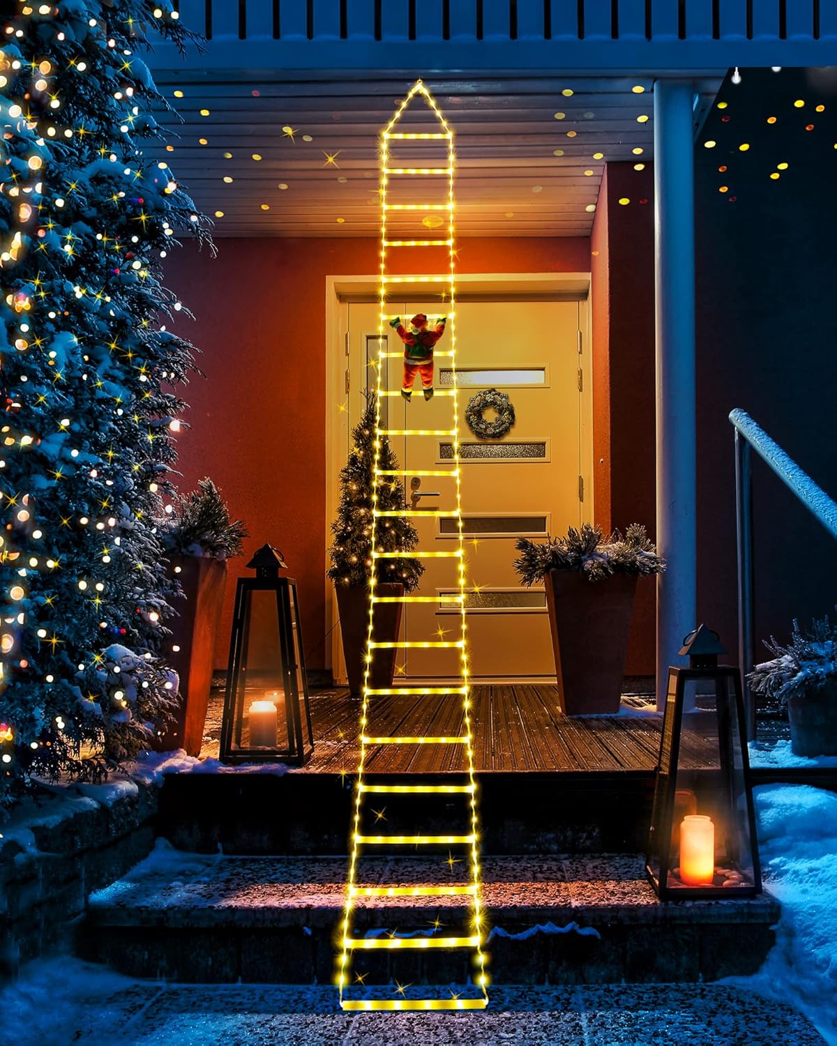 LED Christmas Lights - 10ft Christmas Decorative Ladder Lights with Santa Claus, Xmas Decorations Light for Indoor Outdoor, Window, Garden, Home, Wall, Xmas Tree Decor - Warm White