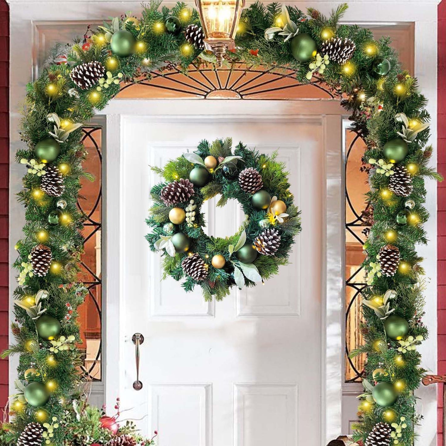 Pre-Lit 24 Inch Lighted Christmas Wreath for Front Door Champagne Gold Christmas Door Wreath Decor with Ball Ornaments, Poinsettia Flowers,Ribbon,Pine Cones,Battery Operated 30 LED Lights