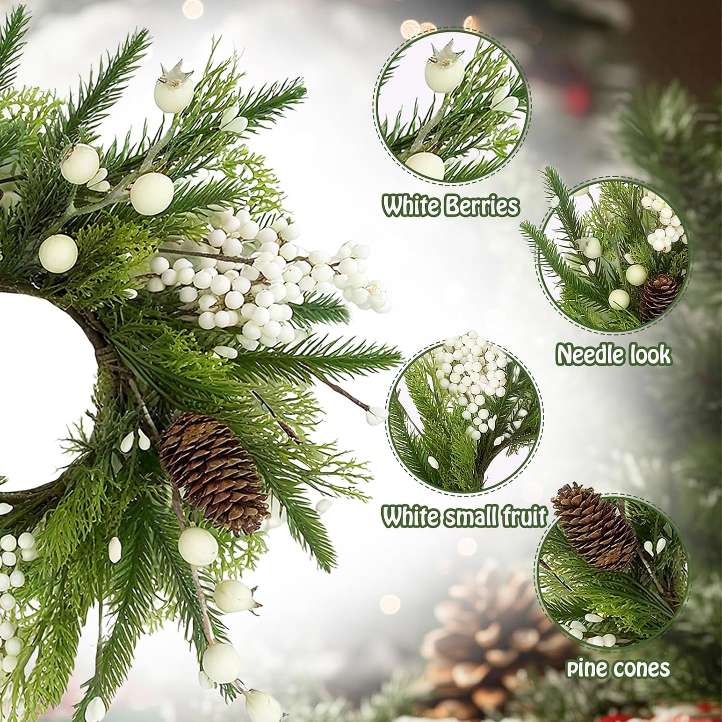 24" Christmas Wreaths for Front Door 2 PCS Christmas Teardrop Swag Winter Wreath with Red Ball Red Berry Pine Needles for Indoor Outdoor Farmhouse Home Wall Window Festival Wedding Decor