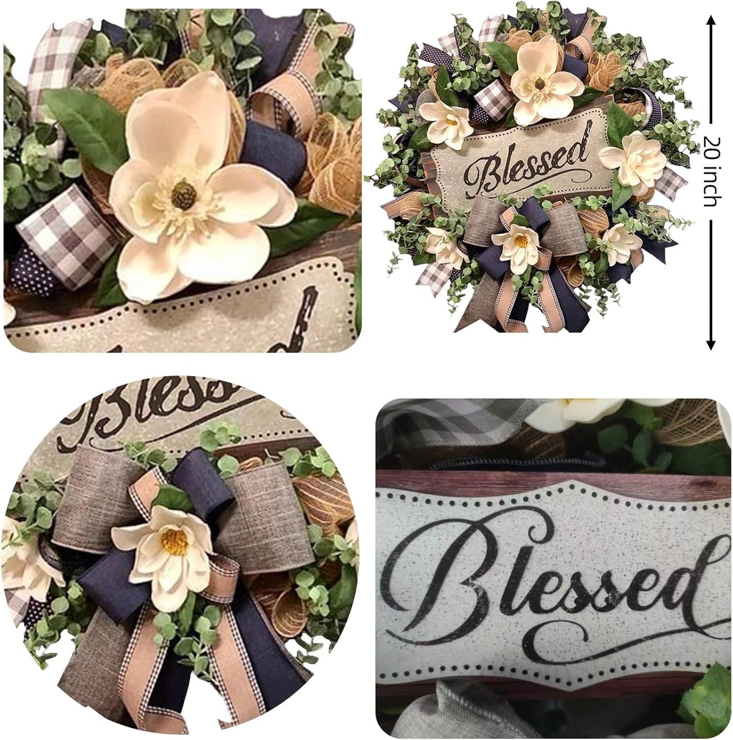 Spring Summer Wreath for Front Door,Farmhouse Magnolia Porch Decoration,Front Door Hanger,Housewarming Gift, Buffalo Plaid Year Round Wreath,Summer Home Decor