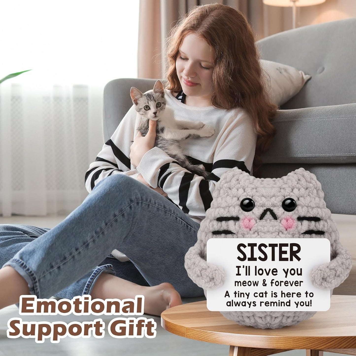 Crochet Cat Easter Basket Stuffers Positive Cat Crochet for Friend for Mom Grandma Dad Grandpa Daughter Son Gifts, Emotional Coworker Sister Brother Support Small Birthday Gifts