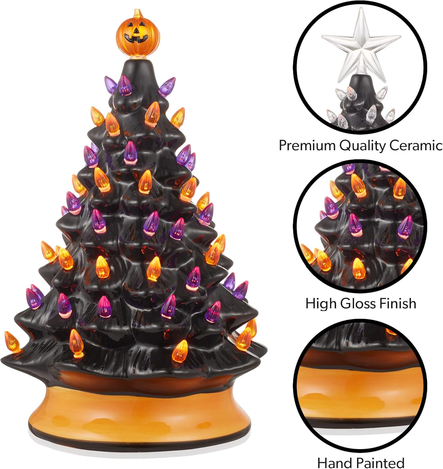 Casafield Hand-Painted Ceramic Halloween Tree, 15-Inch Pre-Lit Decoration with 128 Multi-Color Lights, Jack-O-Lantern and Star Toppers