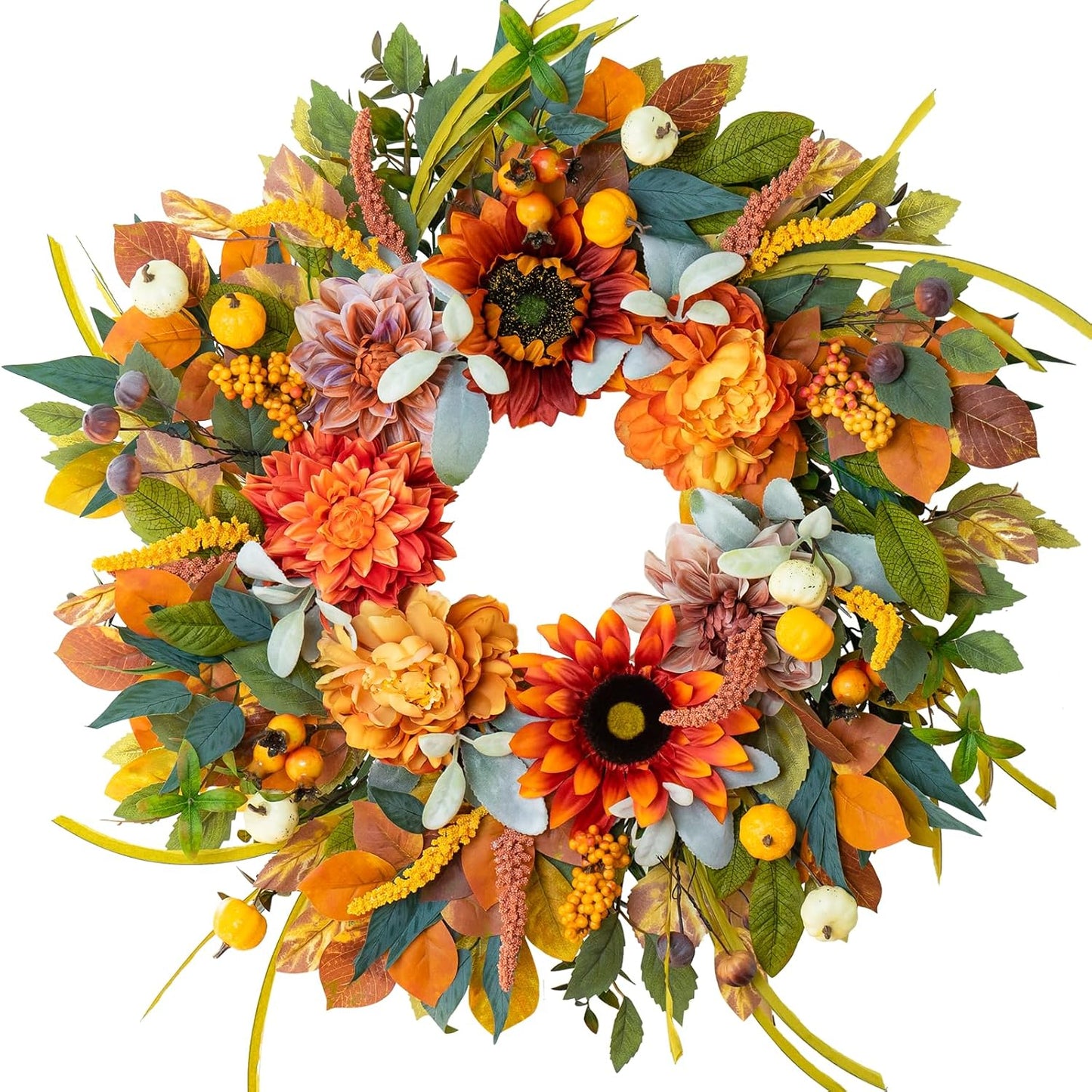 Fall Wreaths for Front Door 24 Inch Fall Wreath with Sunflowers, Dahlias & Pumpkins Autumn Harvest Wreath for Thanksgiving Outdoor or Indoor Autumn Wreaths for Front Door