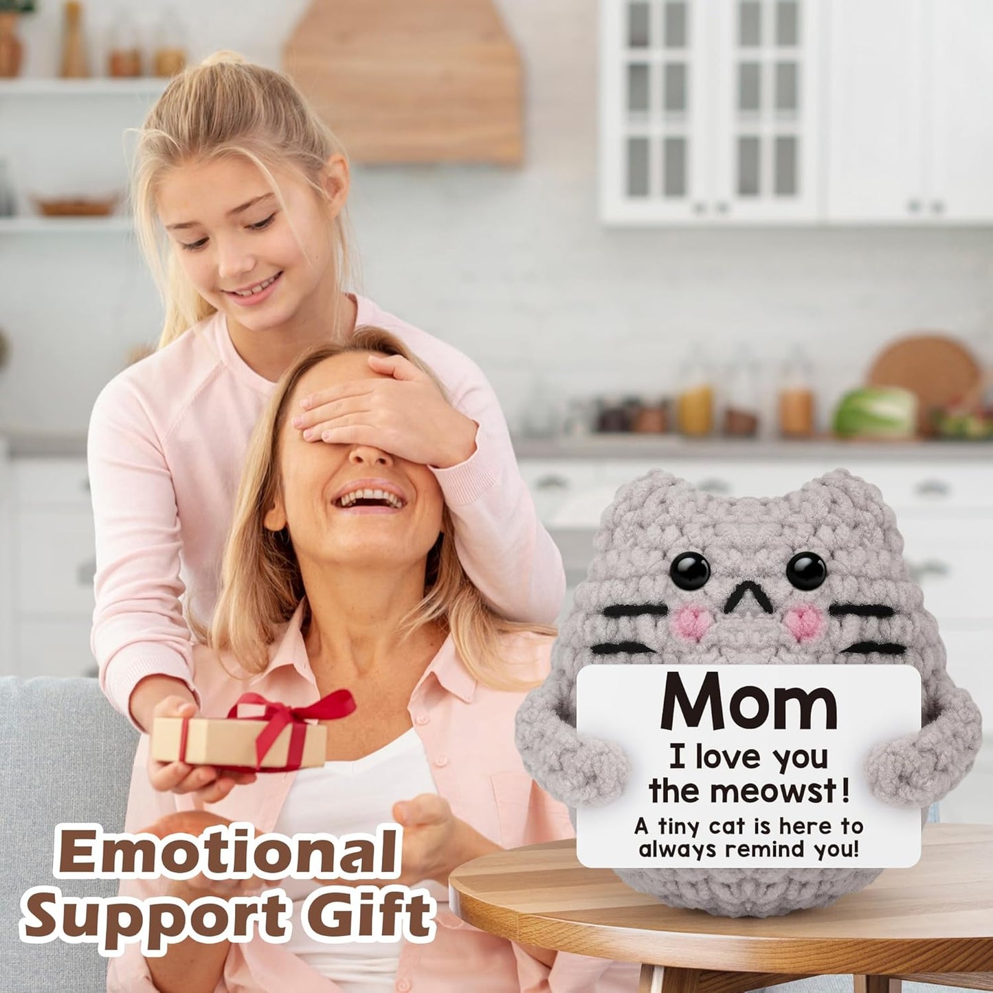 Crochet Cat Easter Basket Stuffers Positive Cat Crochet for Friend for Mom Grandma Dad Grandpa Daughter Son Gifts, Emotional Coworker Sister Brother Support Small Birthday Gifts