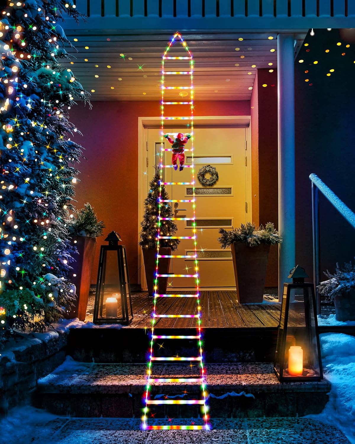 LED Christmas Lights - 10ft Christmas Decorative Ladder Lights with Santa Claus, Xmas Decorations Light for Indoor Outdoor, Window, Garden, Home, Wall, Xmas Tree Decor - Warm White