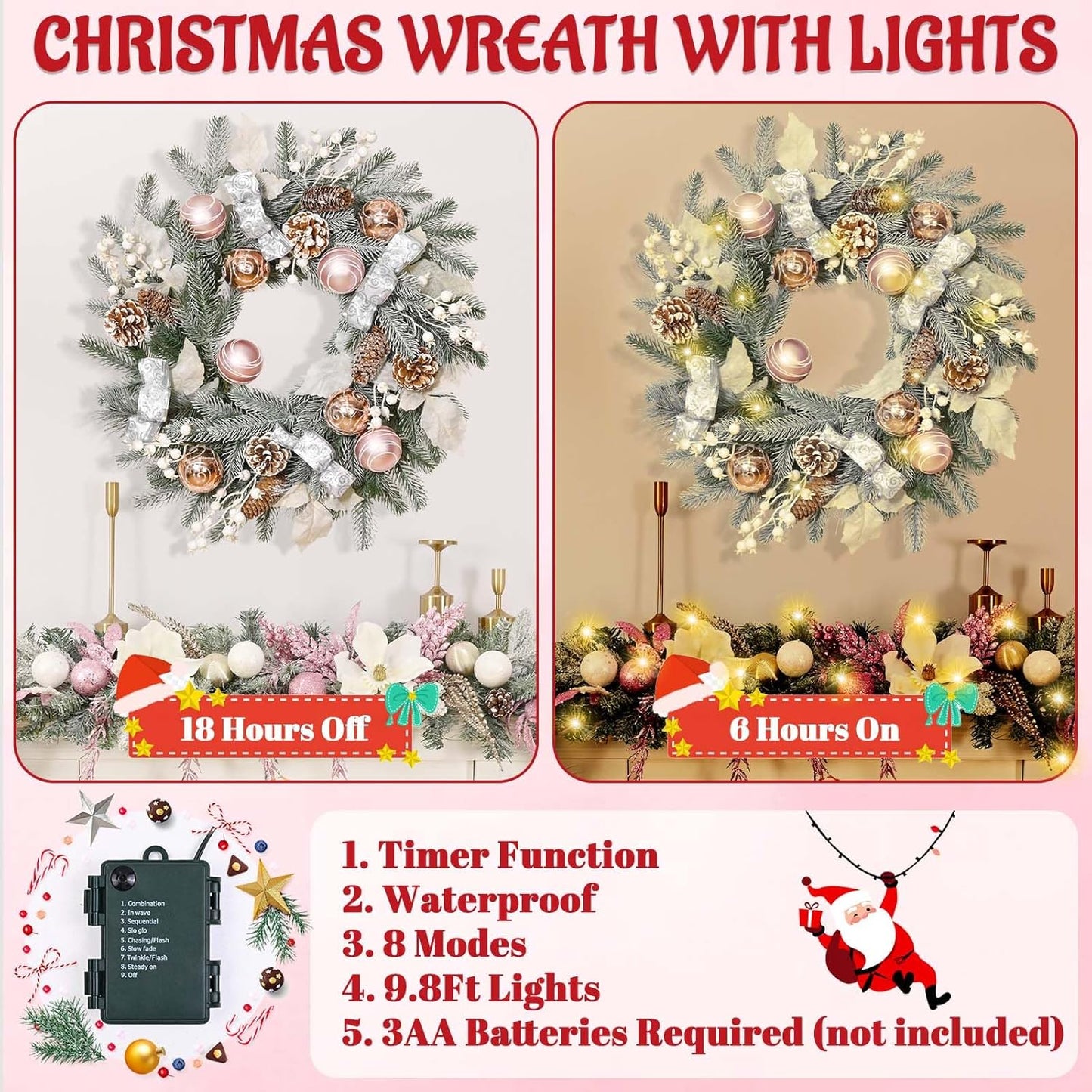 20" Christmas Wreath with Balls, Christmas Door Wreath with Bow Ribbon Berries & Pine Cones Xmas Wreaths for Front Door Wall Home Outdoor Decor