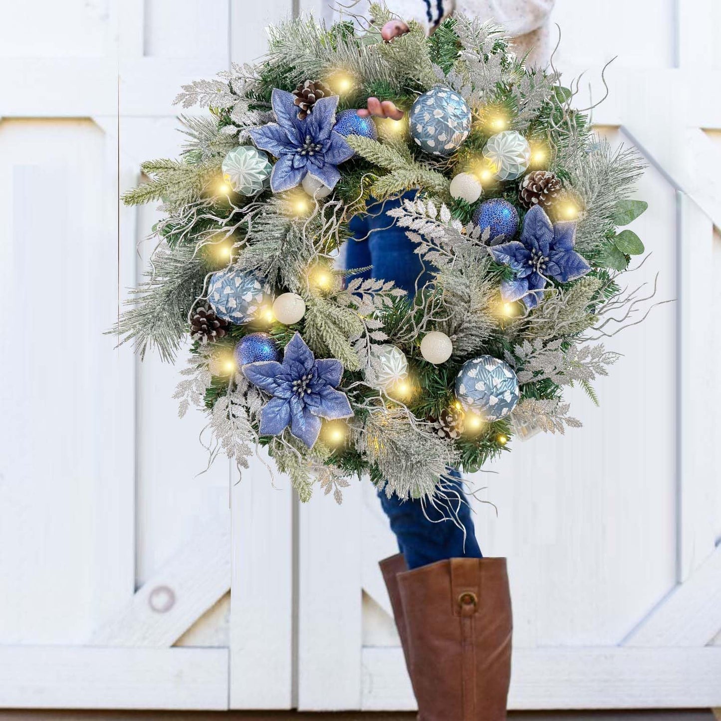 Pre-Lit 24 Inch Lighted Christmas Wreath for Front Door Champagne Gold Christmas Door Wreath Decor with Ball Ornaments, Poinsettia Flowers,Ribbon,Pine Cones,Battery Operated 30 LED Lights