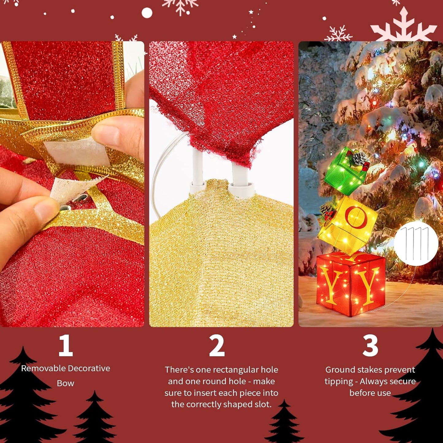 Christmas Joy Lighted Gift Boxes Decorations Set of 3, 2.6Ft Stackable Christmas Nesting Boxes Battery Operated for Home and Party Decoration