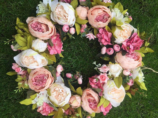 Peony Spring Wreaths for Front Door Outside 22 inch Handmade Summer Wreaths for Front Door Wall Window Decor in All Season(Large)