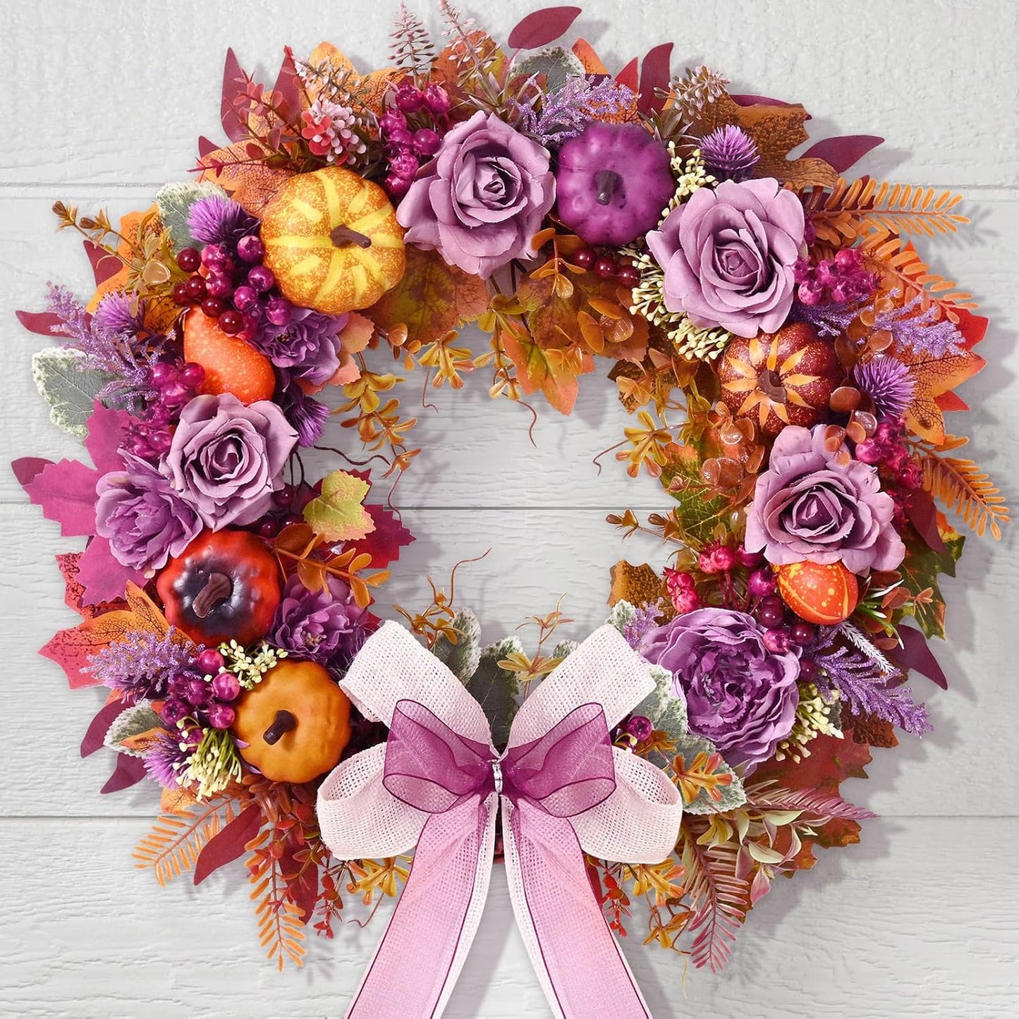 Fall Decor - 2025 Fall Wreaths for Front Door Outside with Blooming Silk Rose, Lifelike Fall Pumpkin Purple Berries & Bow, 18" Fall Door Wreath with Lights for Thanksgiving Door Wall Outside