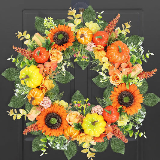 Fall Wreaths for Front Door Outside 24inch Large Autumn Wreath with Pink Pumpkins, Rose,Babysbreath,Eucalyptus& Leaves for Fall Door Wreath and Outdoor Wreaths Indoor Thanksgiving Decorations