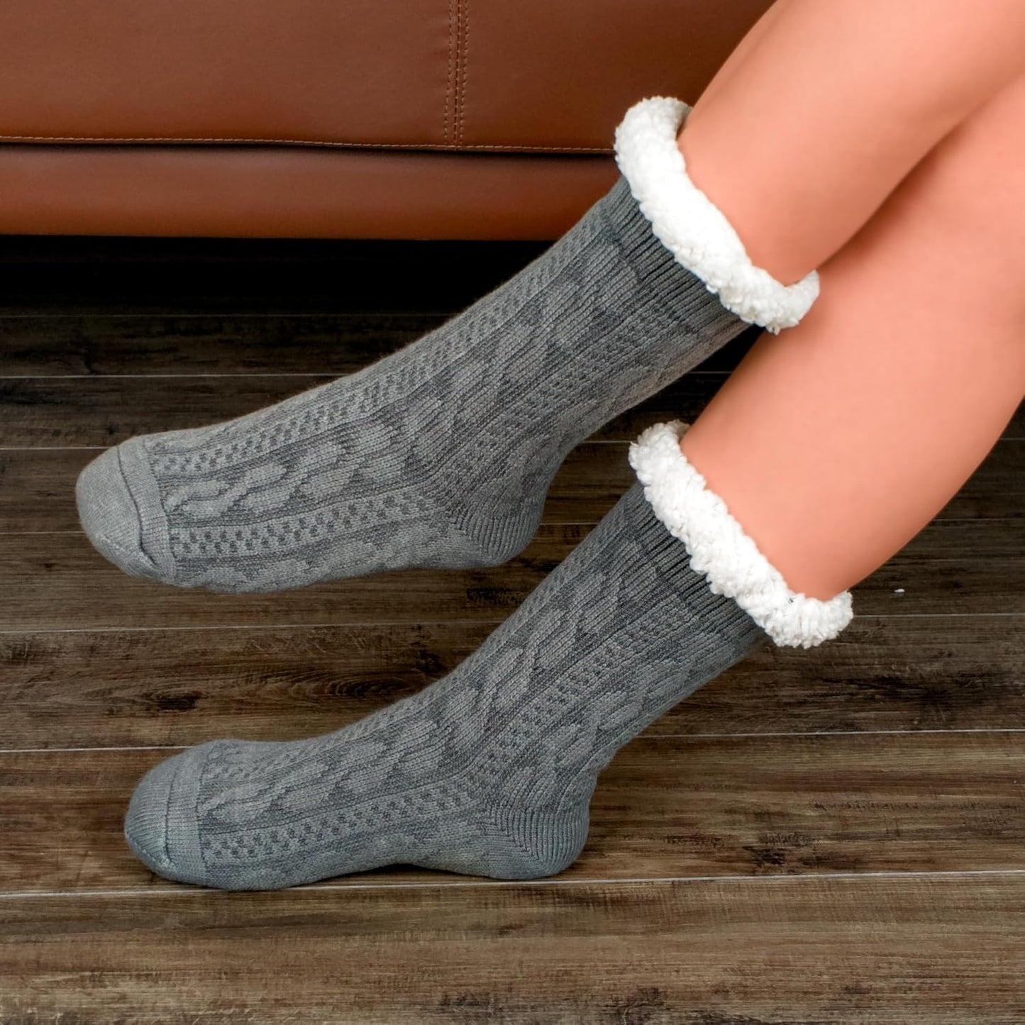 Women's Fuzzy Slipper Socks with Non-Slip Grippers, Cozy Fluffy Sherpa Lined, Cute Christmas Gifts