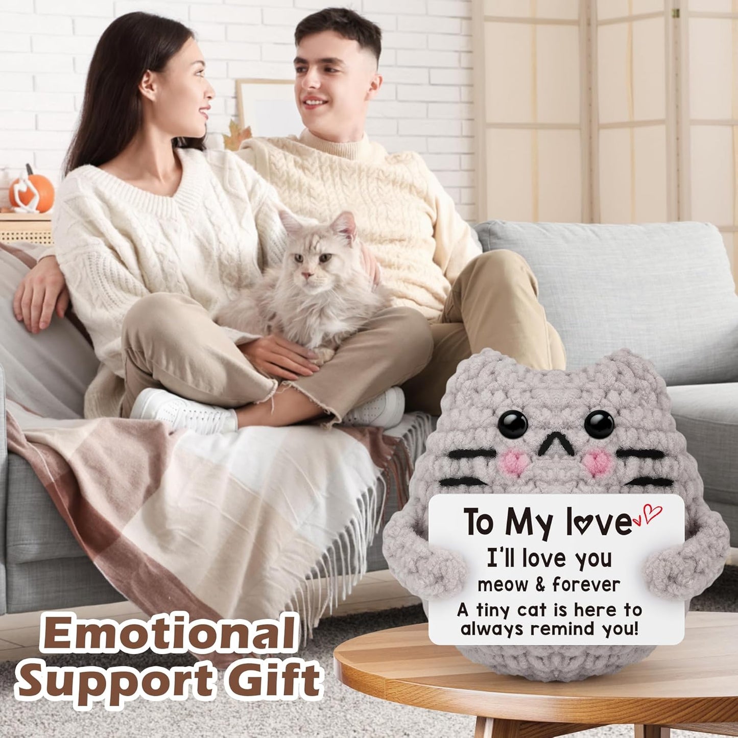 Crochet Cat Easter Basket Stuffers Positive Cat Crochet for Friend for Mom Grandma Dad Grandpa Daughter Son Gifts, Emotional Coworker Sister Brother Support Small Birthday Gifts