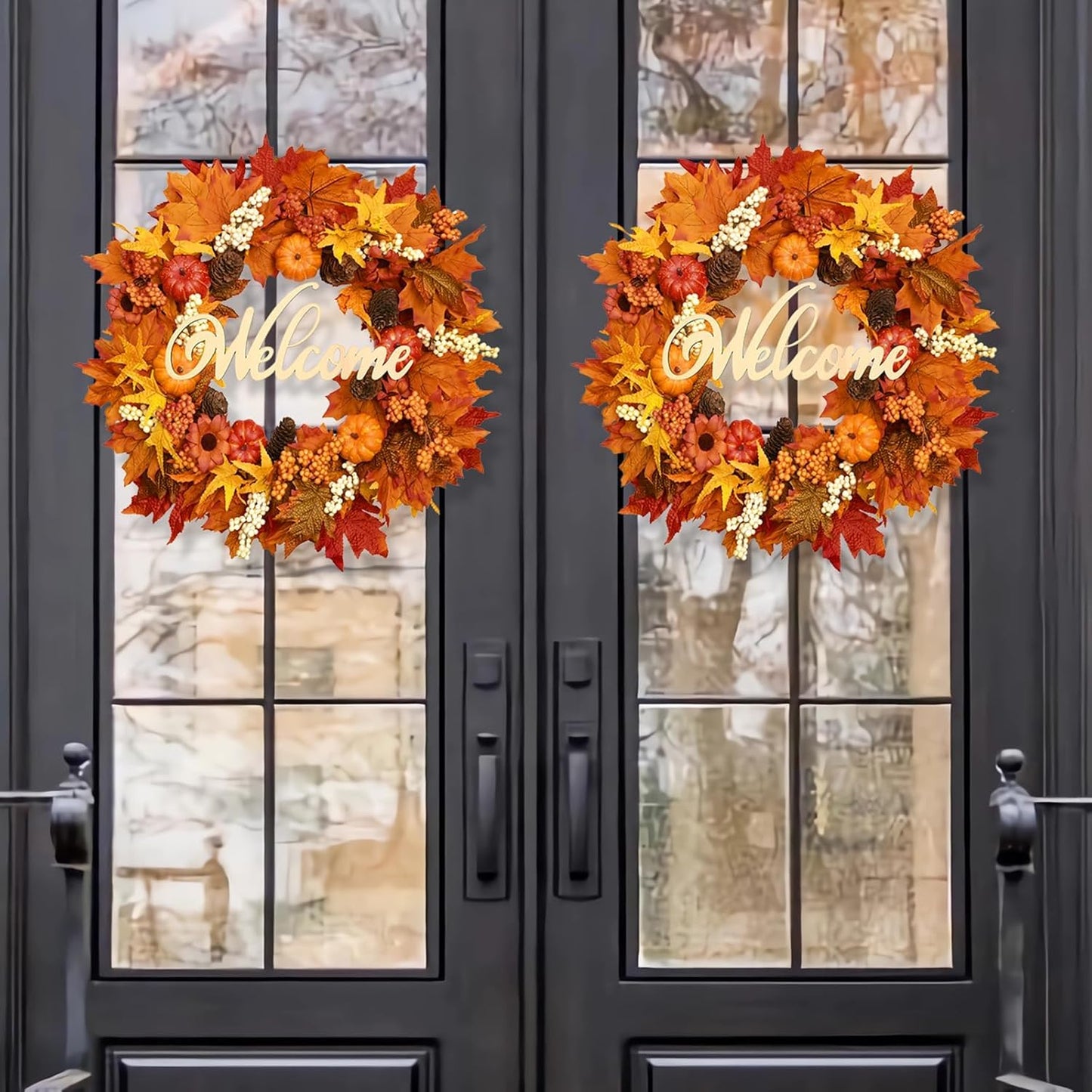 Waipfaru Fall Wreaths for Front Door - 20'' Autumn Wreath with Lights & Welcome Sign & Timer Function, Fall Leaf Reef Farmhouse Thanksgiving Decor for Outdoor Porch Patio