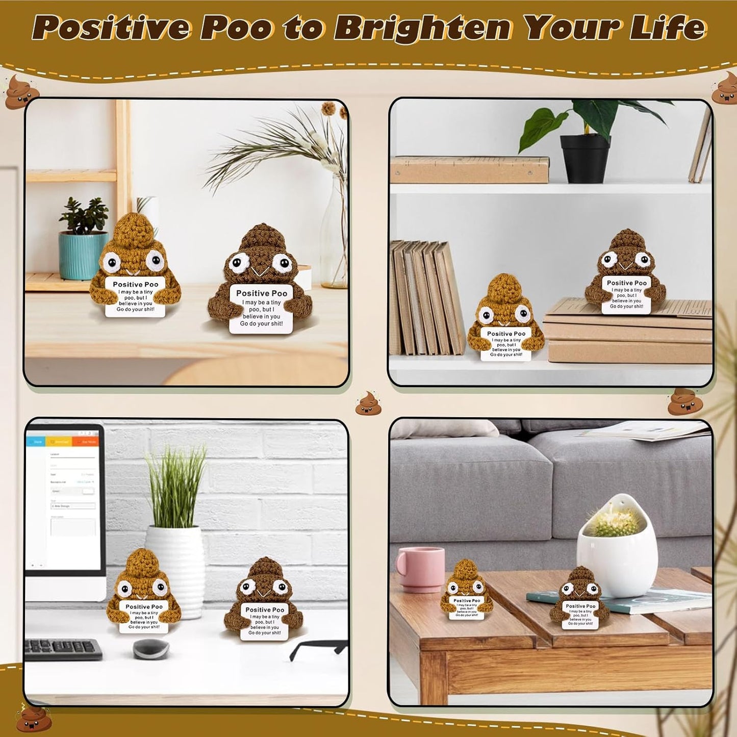 Positive Poo with Affirmations Cards Emotional Crochet Support Positive Energy Gifts for Women Friends Christmas Gag Gift (Brown&Yellow, 2P)