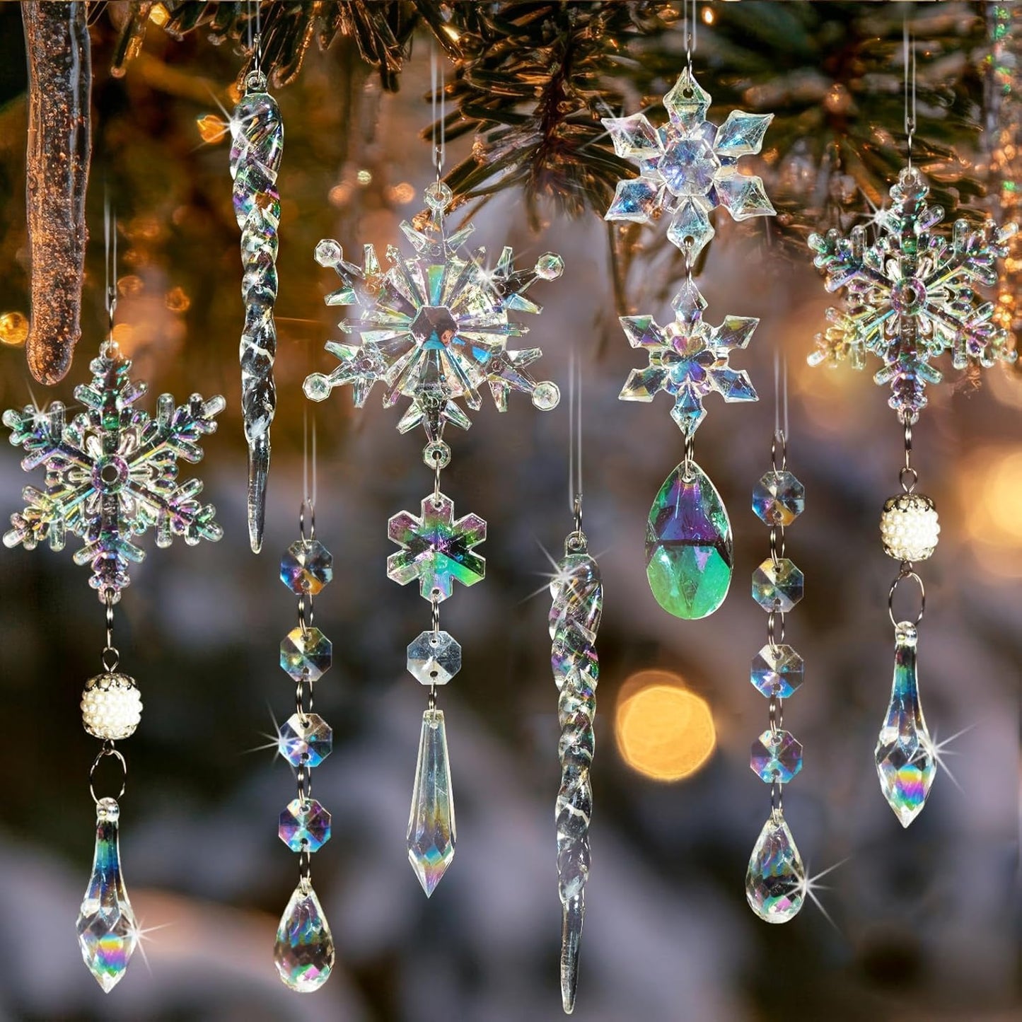 18pcs Christmas Tree Decoration Crystal Ornaments - Hanging Acrylic Christmas Snowflake Icicle Drop Crystal Ornaments for Xmas Tree Winter New Year Party Supplies