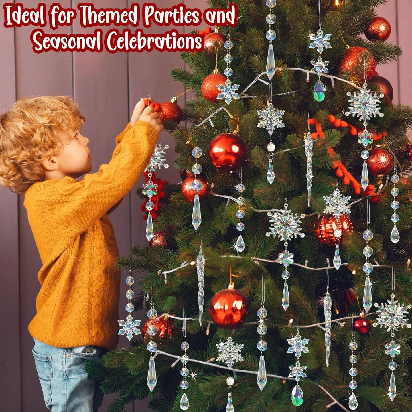 18pcs Christmas Tree Decoration Crystal Ornaments - Hanging Acrylic Christmas Snowflake Icicle Drop Crystal Ornaments for Xmas Tree Winter New Year Party Supplies