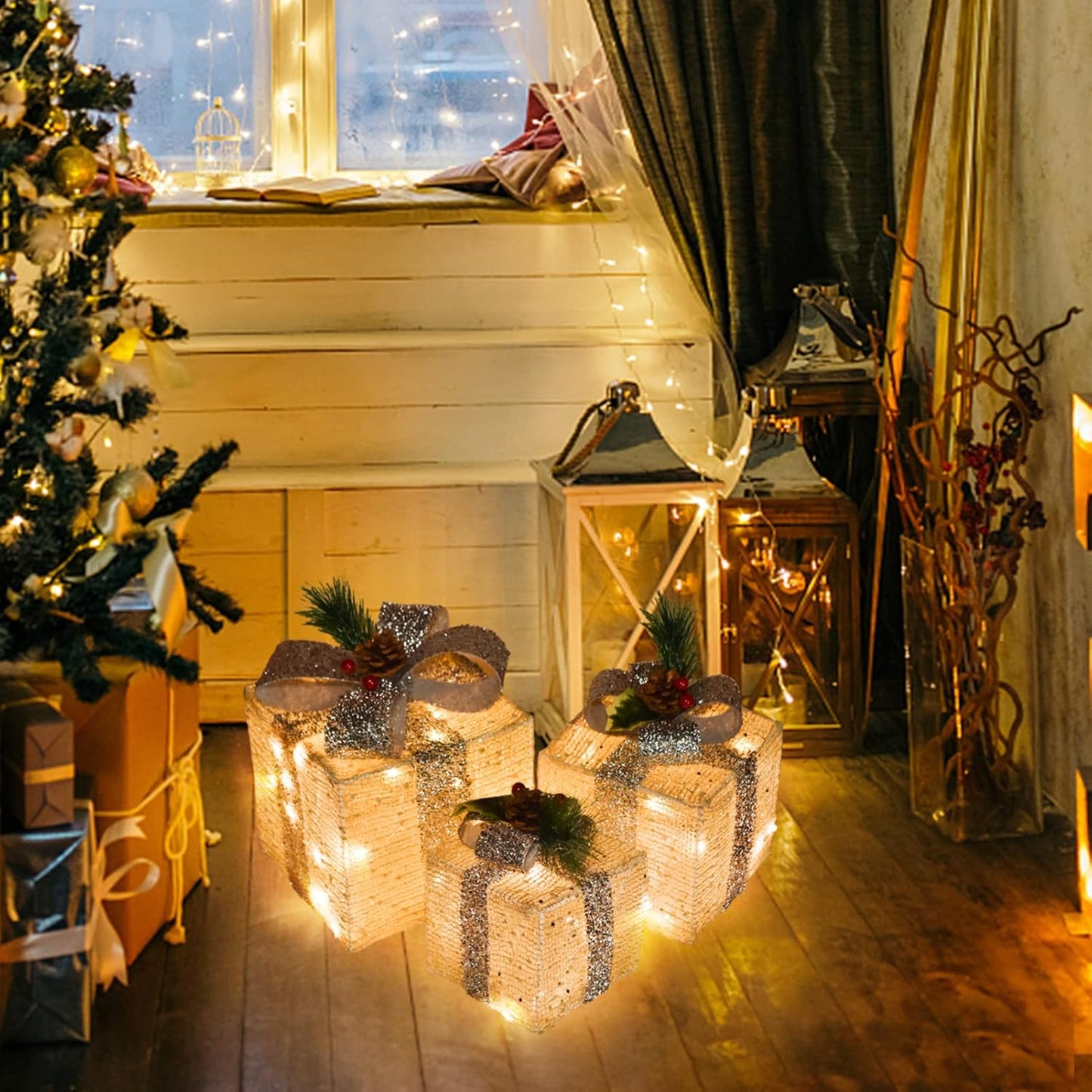 Christmas Joy Lighted Gift Boxes Decorations Set of 3, 2.6Ft Stackable Christmas Nesting Boxes Battery Operated for Home and Party Decoration