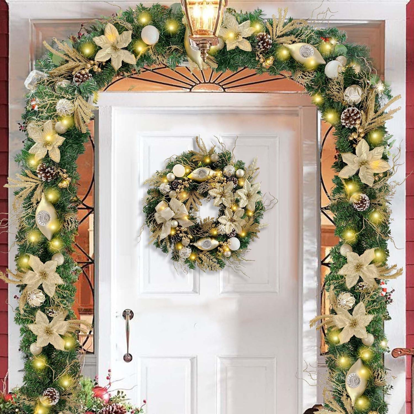 Pre-Lit 24 Inch Lighted Christmas Wreath for Front Door Champagne Gold Christmas Door Wreath Decor with Ball Ornaments, Poinsettia Flowers,Ribbon,Pine Cones,Battery Operated 30 LED Lights
