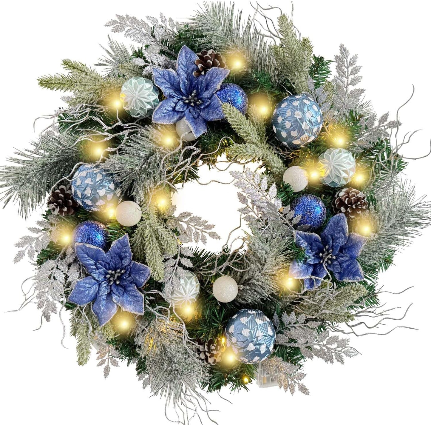 Pre-Lit 24 Inch Lighted Christmas Wreath for Front Door Champagne Gold Christmas Door Wreath Decor with Ball Ornaments, Poinsettia Flowers,Ribbon,Pine Cones,Battery Operated 30 LED Lights