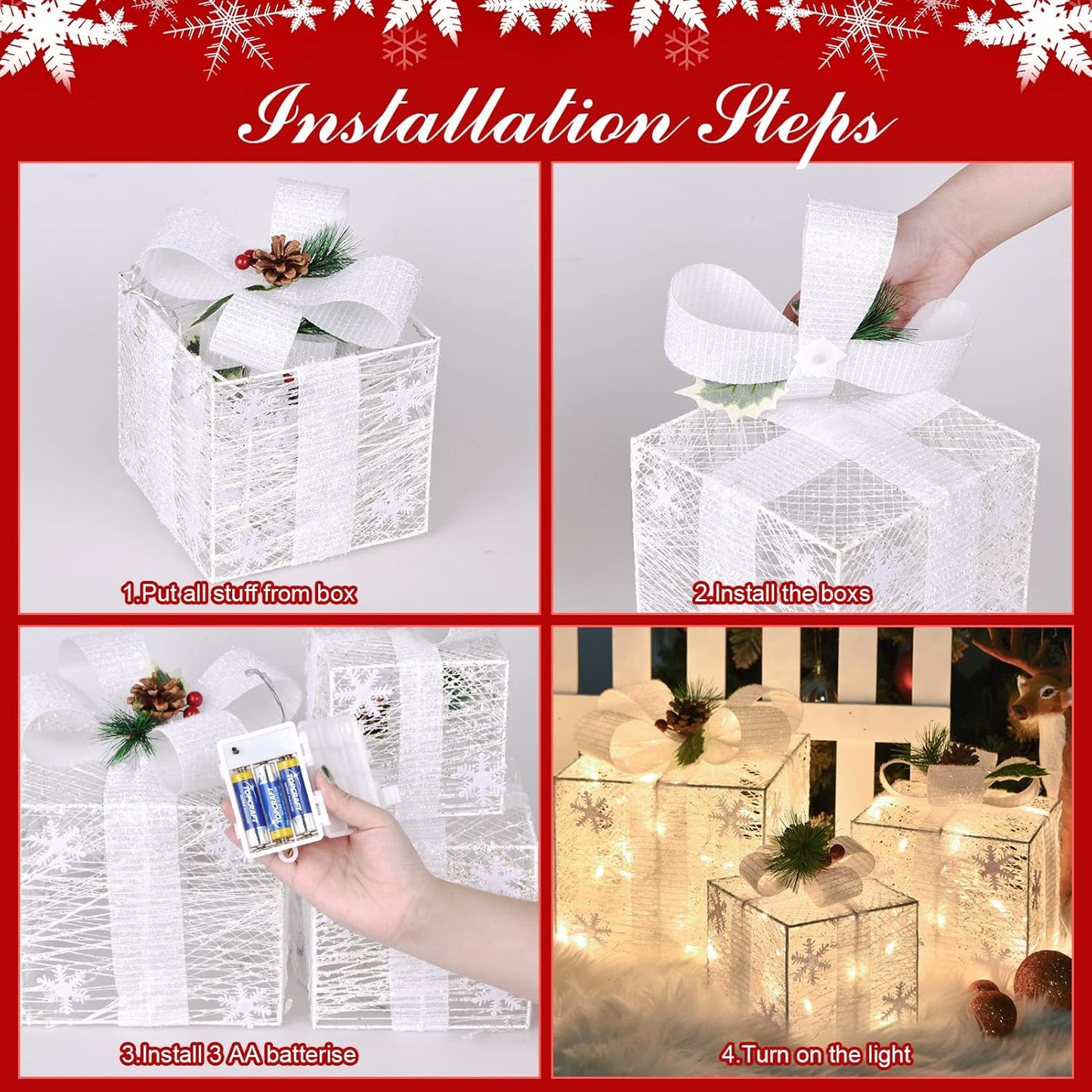 Christmas Joy Lighted Gift Boxes Decorations Set of 3, 2.6Ft Stackable Christmas Nesting Boxes Battery Operated for Home and Party Decoration