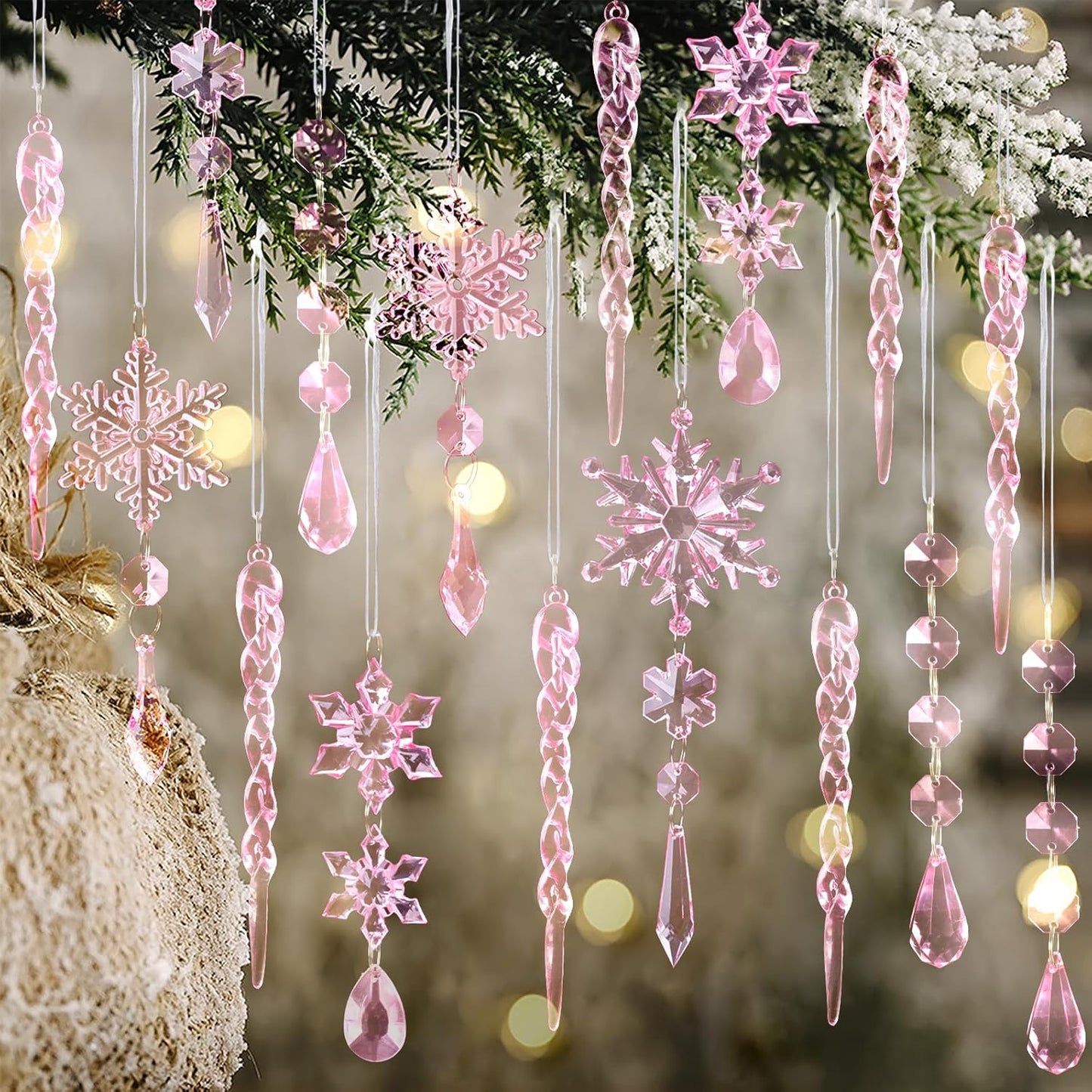 18pcs Christmas Tree Decoration Crystal Ornaments - Hanging Acrylic Christmas Snowflake Icicle Drop Crystal Ornaments for Xmas Tree Winter New Year Party Supplies