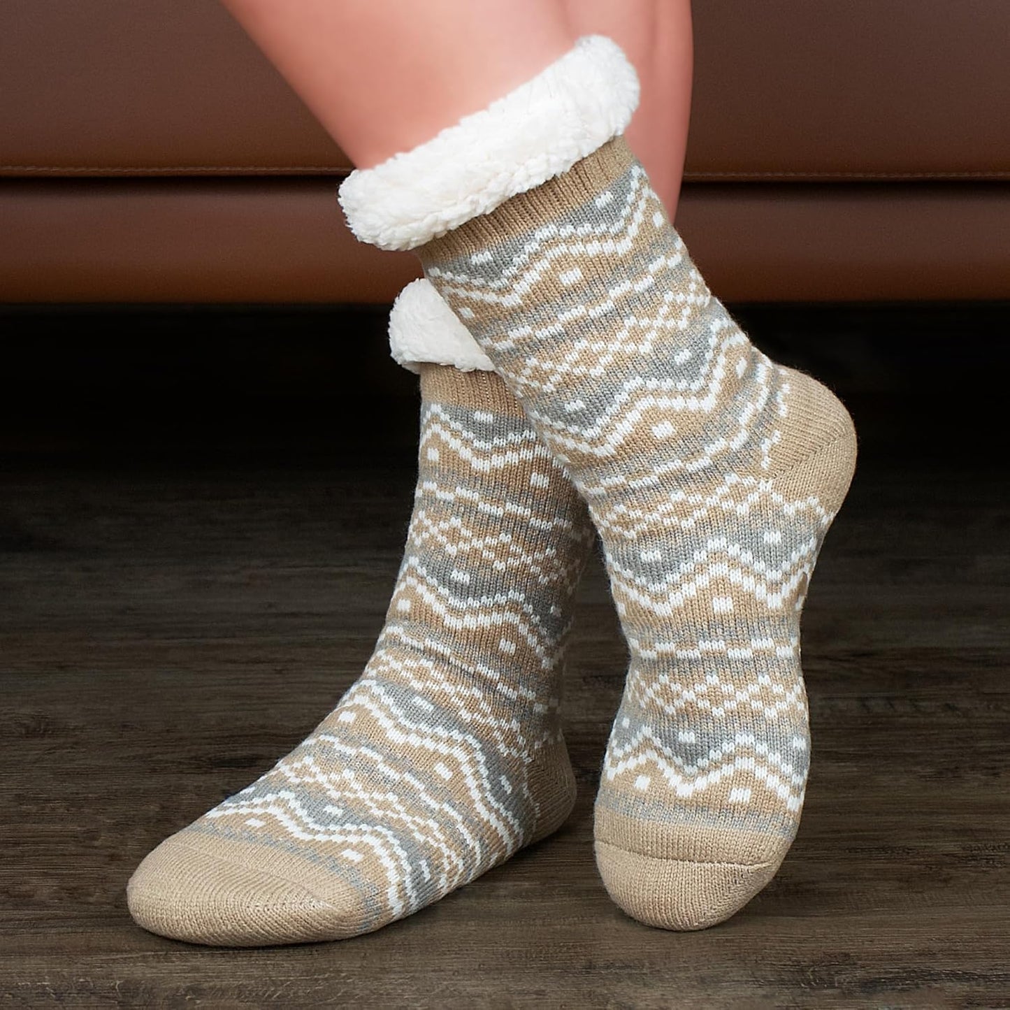 Women's Fuzzy Slipper Socks with Non-Slip Grippers, Cozy Fluffy Sherpa Lined, Cute Christmas Gifts