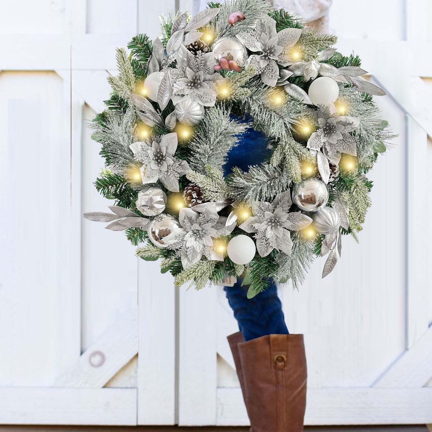 Pre-Lit 24 Inch Lighted Christmas Wreath for Front Door Champagne Gold Christmas Door Wreath Decor with Ball Ornaments, Poinsettia Flowers,Ribbon,Pine Cones,Battery Operated 30 LED Lights