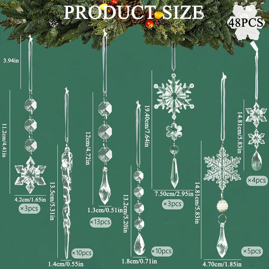 18pcs Christmas Tree Decoration Crystal Ornaments - Hanging Acrylic Christmas Snowflake Icicle Drop Crystal Ornaments for Xmas Tree Winter New Year Party Supplies