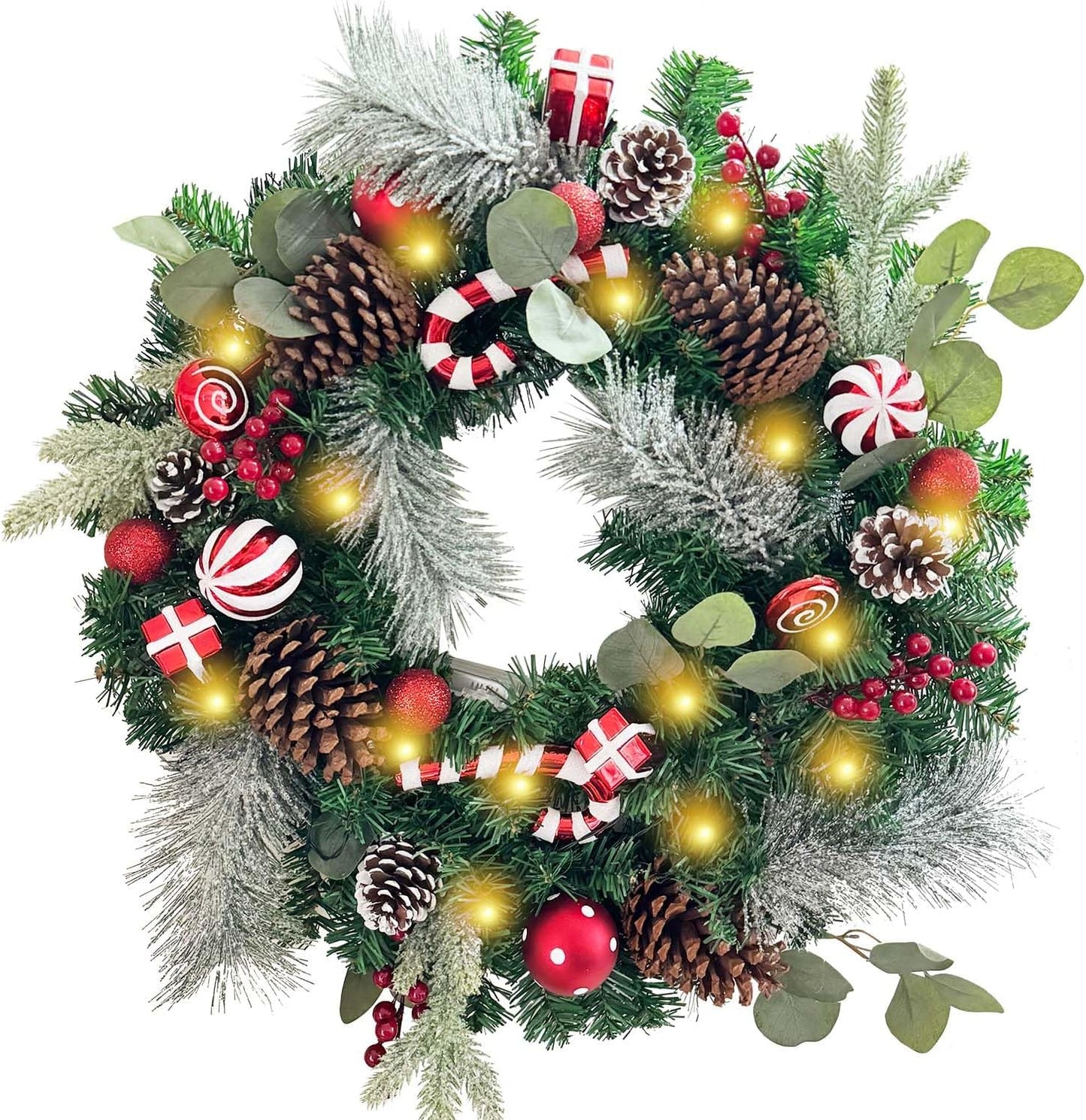 Pre-Lit 24 Inch Lighted Christmas Wreath for Front Door Champagne Gold Christmas Door Wreath Decor with Ball Ornaments, Poinsettia Flowers,Ribbon,Pine Cones,Battery Operated 30 LED Lights