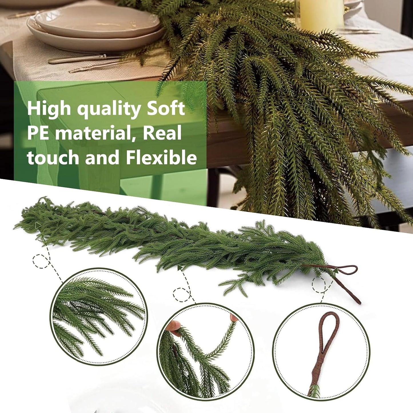 2025 Upgraded 6 Ft Artificial Norfolk Pine Garlands, Real Touch Winter Pine Garland, for Staircase, Table, Mantle, Wall, Indoor, Outdoor Christmas Decorations, Flower Arranging(1 Pack Without Light)