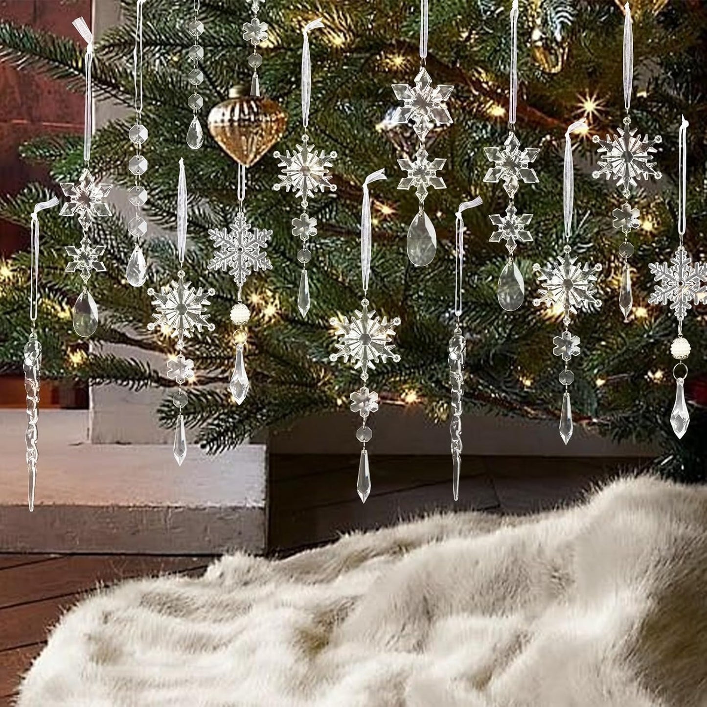 18pcs Christmas Tree Decoration Crystal Ornaments - Hanging Acrylic Christmas Snowflake Icicle Drop Crystal Ornaments for Xmas Tree Winter New Year Party Supplies