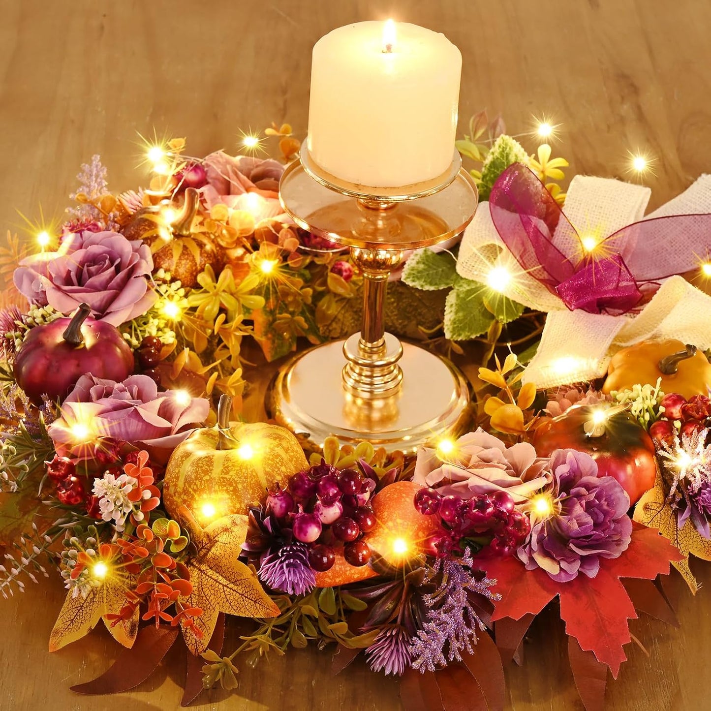 Fall Decor - 2025 Fall Wreaths for Front Door Outside with Blooming Silk Rose, Lifelike Fall Pumpkin Purple Berries & Bow, 18" Fall Door Wreath with Lights for Thanksgiving Door Wall Outside