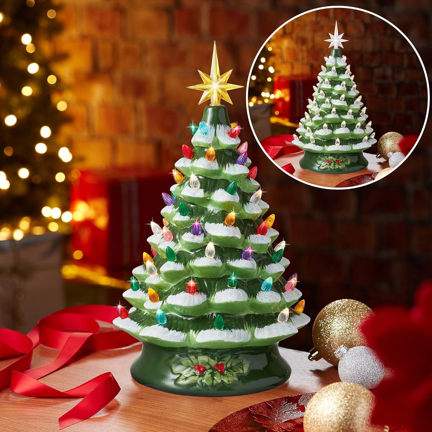 Hand Painted Ceramic Christmas Tree, Pink 15-Inch Pre-Lit Tree with 128 Multi Color Lights and 2 Star Toppers