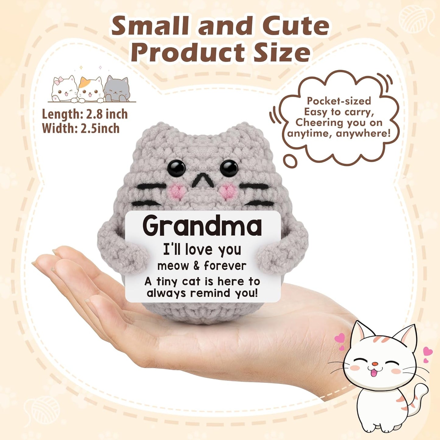 Crochet Cat Easter Basket Stuffers Positive Cat Crochet for Friend for Mom Grandma Dad Grandpa Daughter Son Gifts, Emotional Coworker Sister Brother Support Small Birthday Gifts