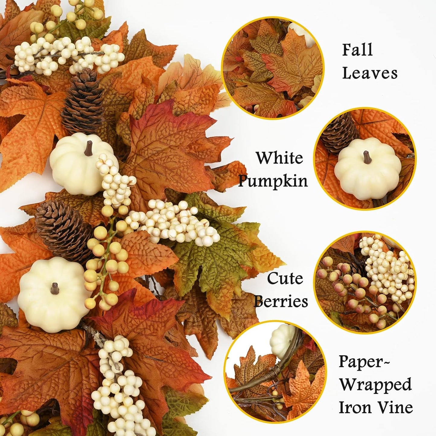 Waipfaru Fall Wreaths for Front Door - 20'' Autumn Wreath with Lights & Welcome Sign & Timer Function, Fall Leaf Reef Farmhouse Thanksgiving Decor for Outdoor Porch Patio