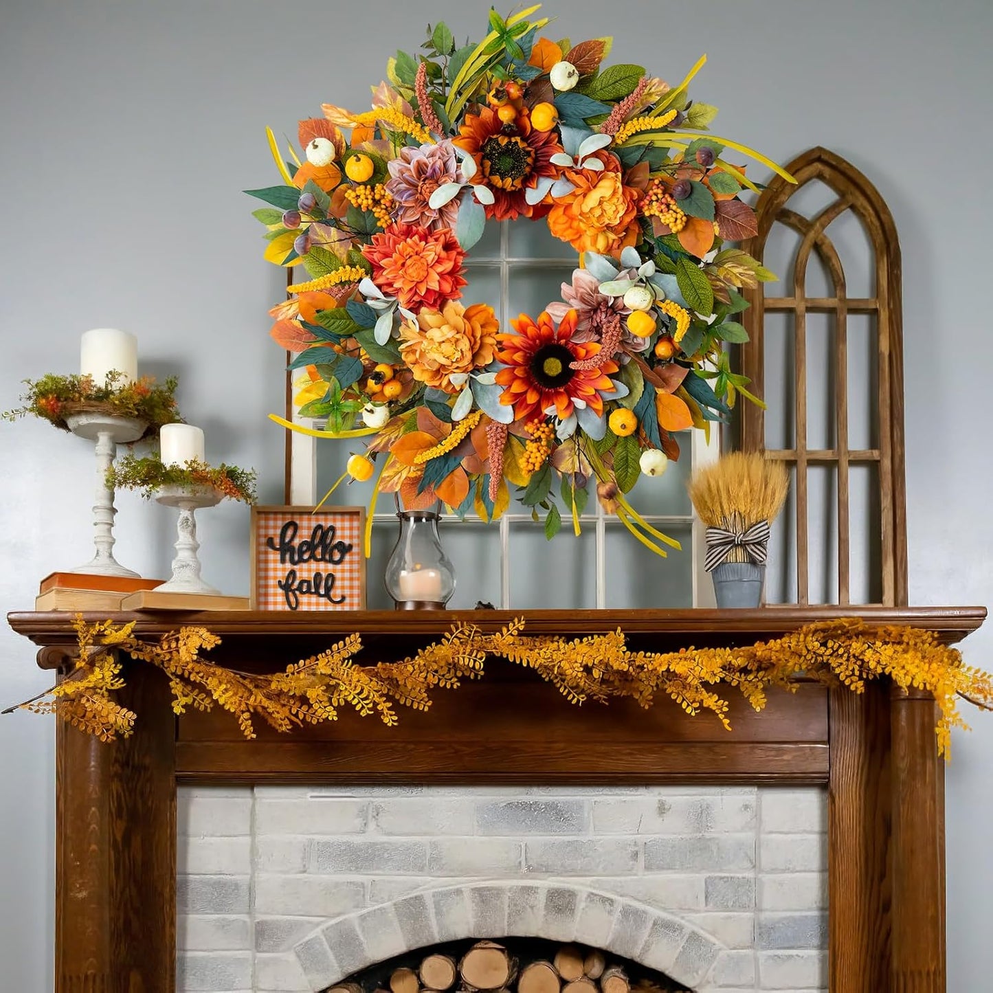 Fall Wreaths for Front Door 24 Inch Fall Wreath with Sunflowers, Dahlias & Pumpkins Autumn Harvest Wreath for Thanksgiving Outdoor or Indoor Autumn Wreaths for Front Door