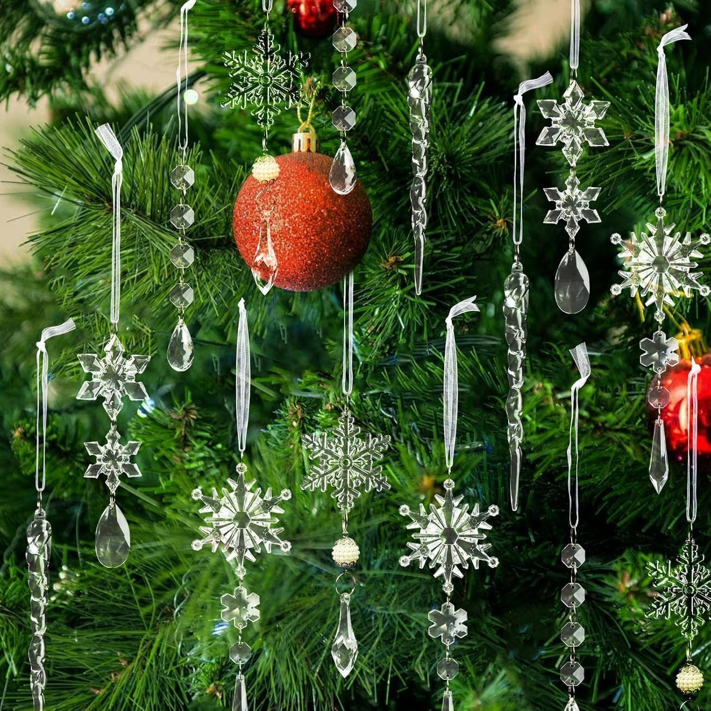 18pcs Christmas Tree Decoration Crystal Ornaments - Hanging Acrylic Christmas Snowflake Icicle Drop Crystal Ornaments for Xmas Tree Winter New Year Party Supplies