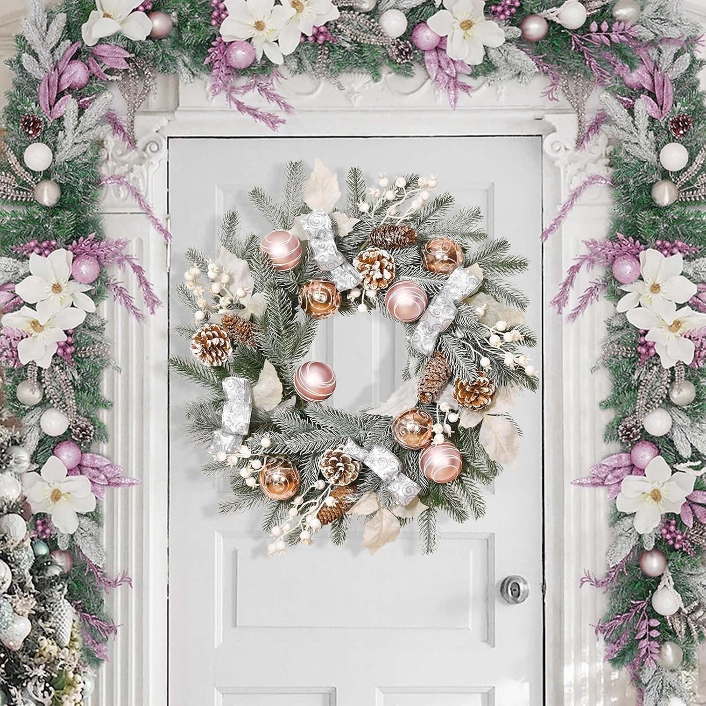 20" Christmas Wreath with Balls, Christmas Door Wreath with Bow Ribbon Berries & Pine Cones Xmas Wreaths for Front Door Wall Home Outdoor Decor