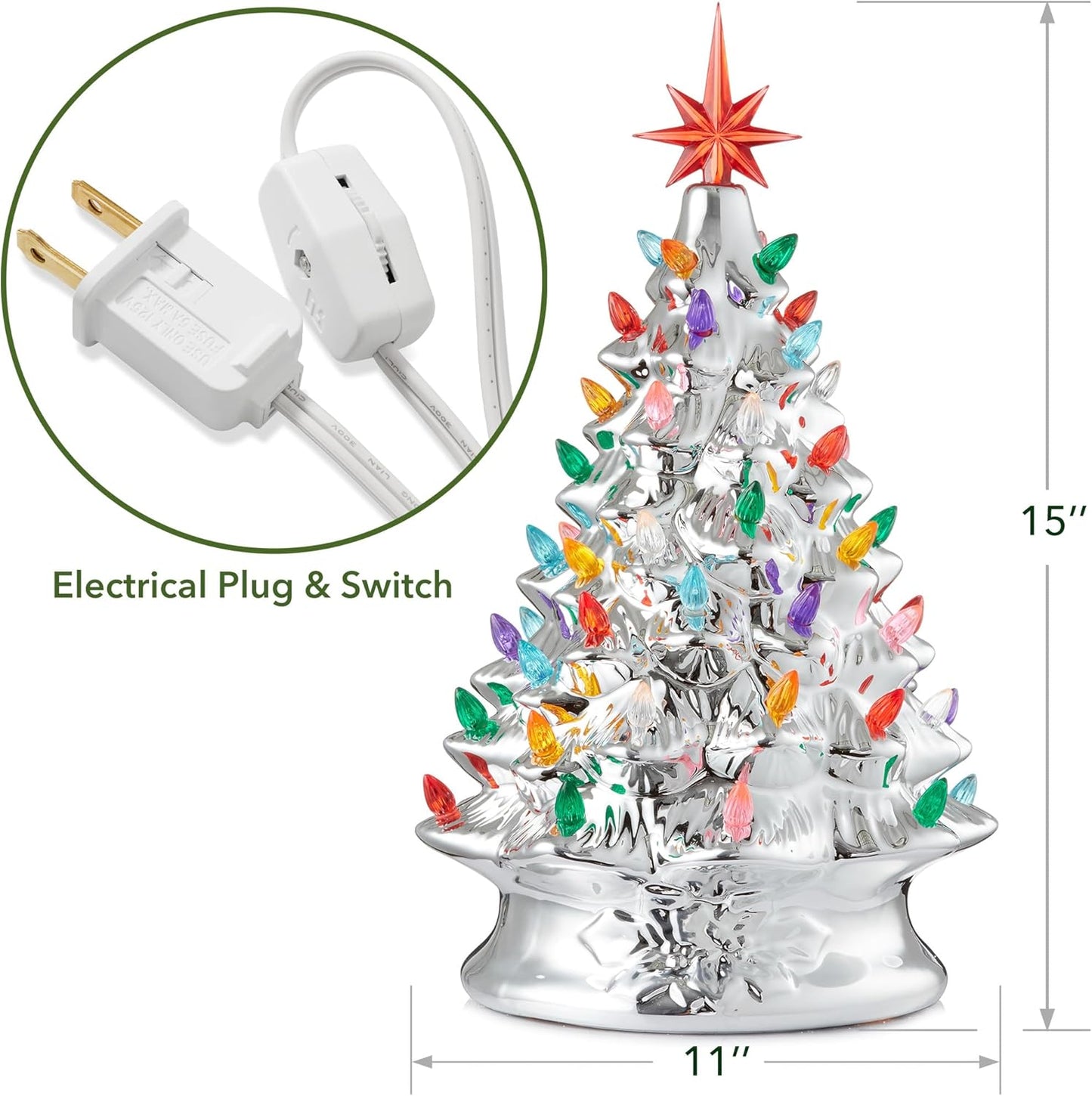 Hand Painted Ceramic Christmas Tree, Pink 15-Inch Pre-Lit Tree with 128 Multi Color Lights and 2 Star Toppers