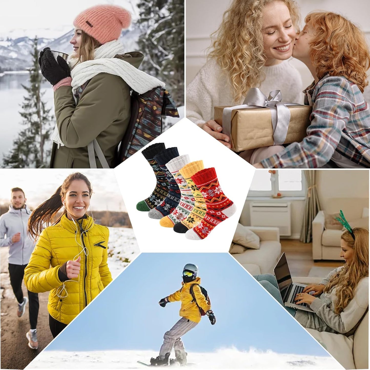 5Pairs Free Size Fuzzy Socks Soft Wool Crew Warm Socks for Women Winter Multicolor Christmas Womens Winter Socks Gift Box