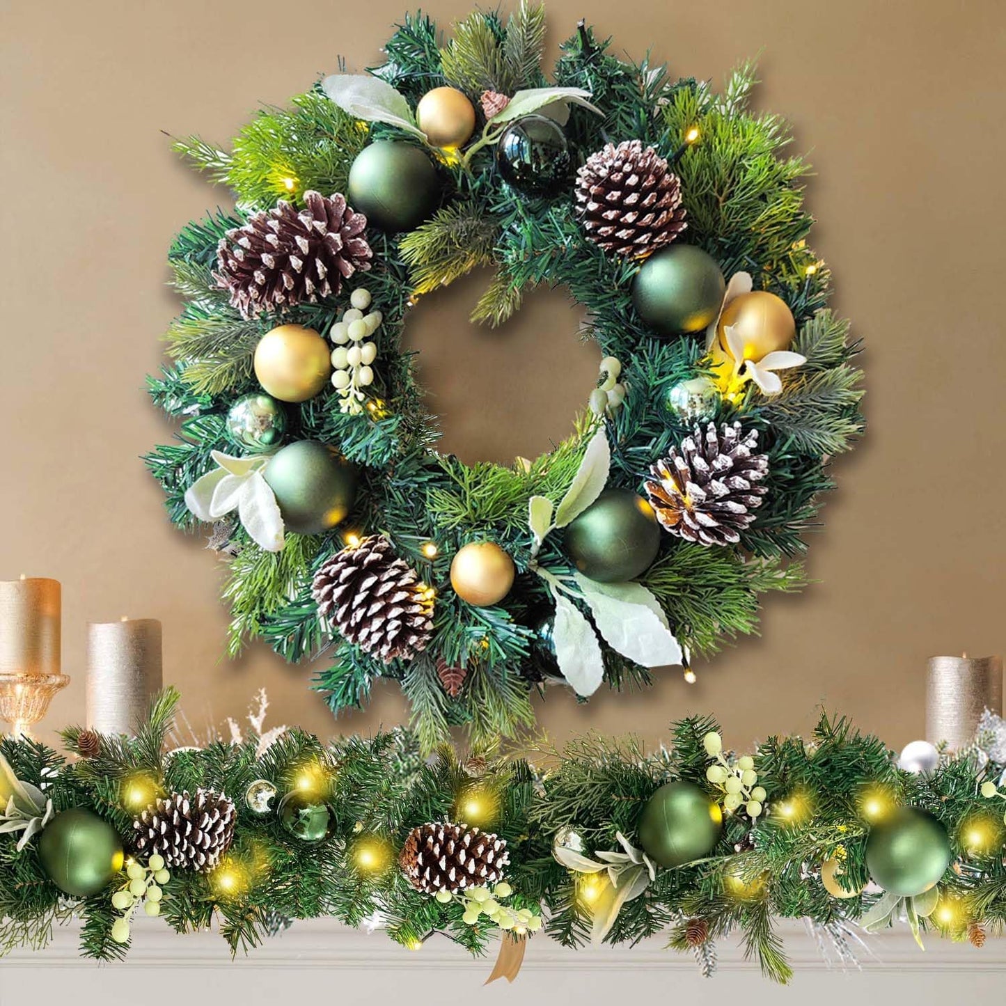Pre-Lit 24 Inch Lighted Christmas Wreath for Front Door Champagne Gold Christmas Door Wreath Decor with Ball Ornaments, Poinsettia Flowers,Ribbon,Pine Cones,Battery Operated 30 LED Lights