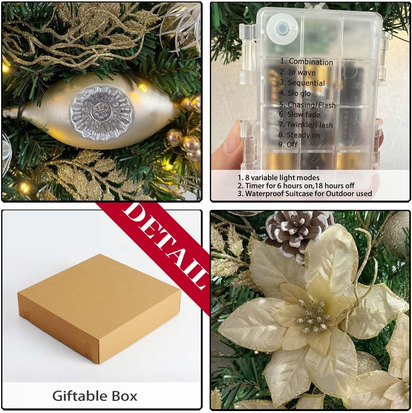 Pre-Lit 24 Inch Lighted Christmas Wreath for Front Door Champagne Gold Christmas Door Wreath Decor with Ball Ornaments, Poinsettia Flowers,Ribbon,Pine Cones,Battery Operated 30 LED Lights