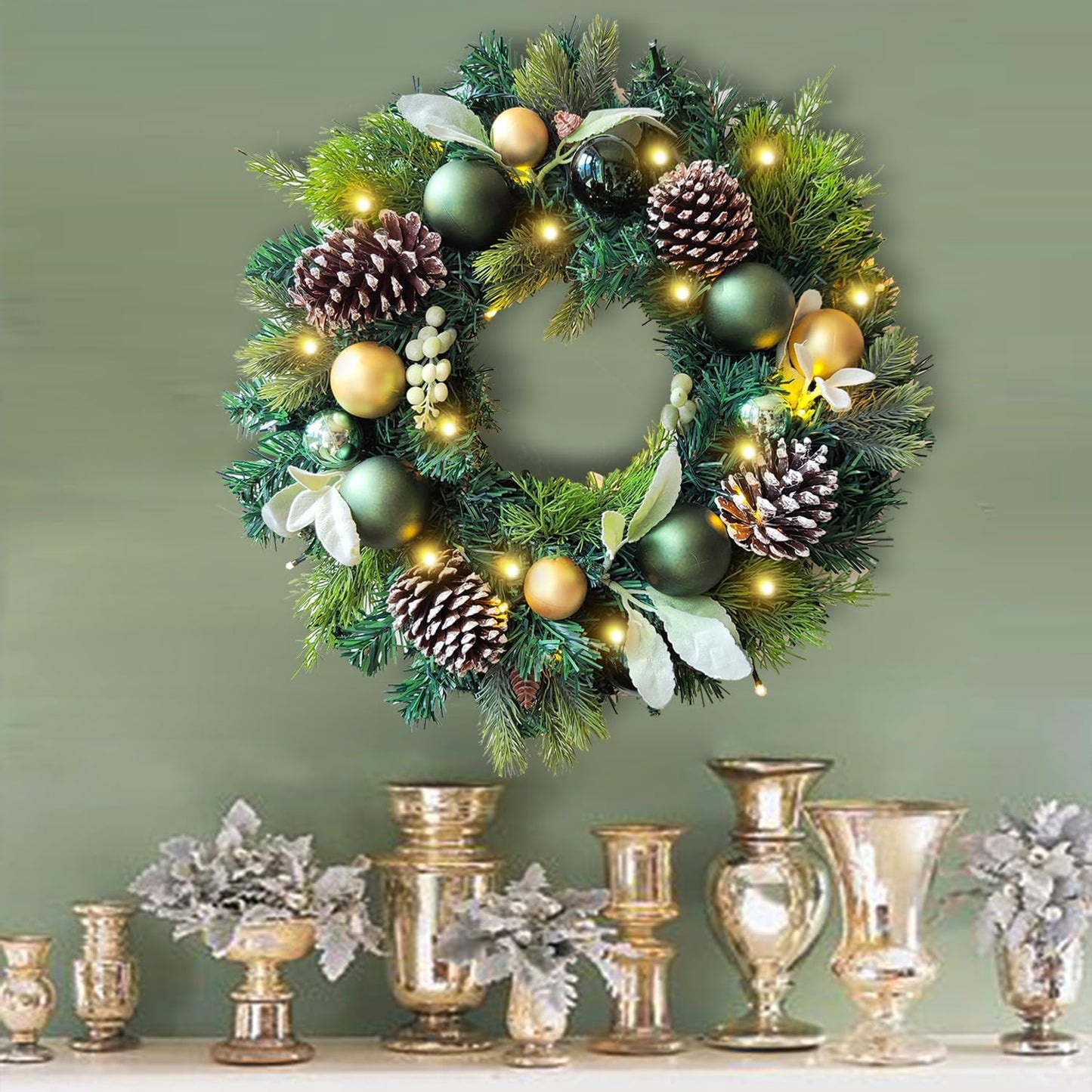 Pre-Lit 24 Inch Lighted Christmas Wreath for Front Door Champagne Gold Christmas Door Wreath Decor with Ball Ornaments, Poinsettia Flowers,Ribbon,Pine Cones,Battery Operated 30 LED Lights