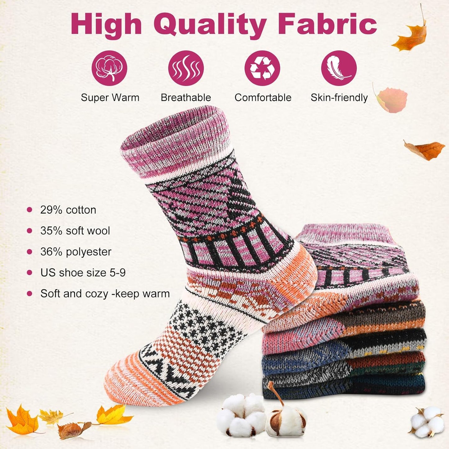 5Pairs Free Size Fuzzy Socks Soft Wool Crew Warm Socks for Women Winter Multicolor Christmas Womens Winter Socks Gift Box
