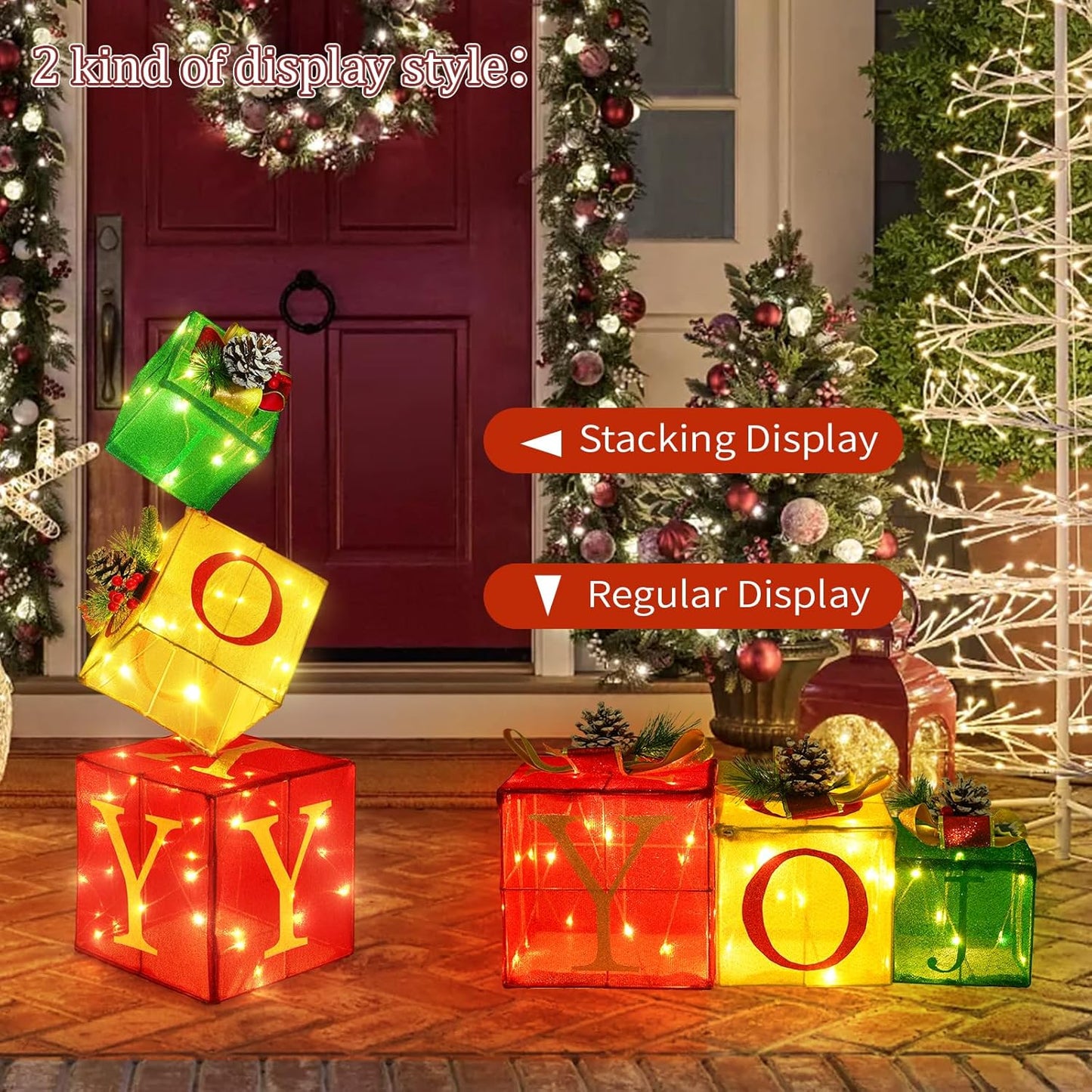 Christmas Joy Lighted Gift Boxes Decorations Set of 3, 2.6Ft Stackable Christmas Nesting Boxes Battery Operated for Home and Party Decoration